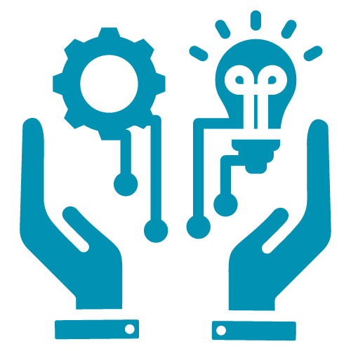 Hands holding a gear, lightbulb, and connecting circuits icon