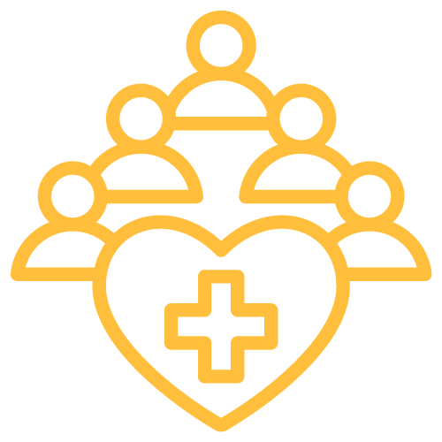 Five people around a heart with a cross in the middle icon