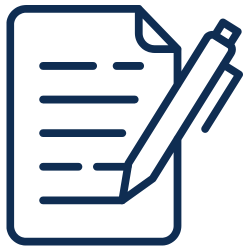 Piece of paper with lines on top and a pen writing towards the bottom icon